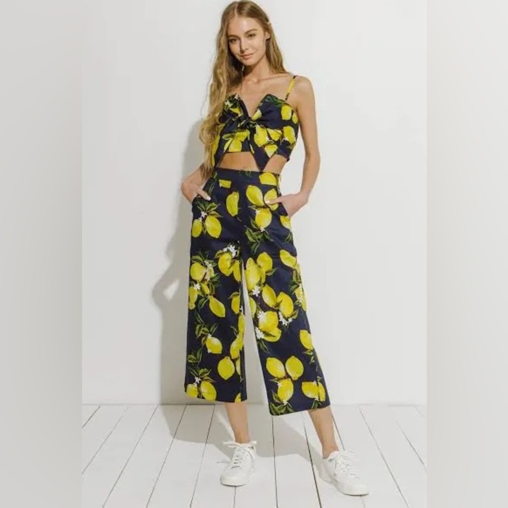 English Factory Lemon Print Crop Pants Set Tie Front Crop Top Outfit M $150